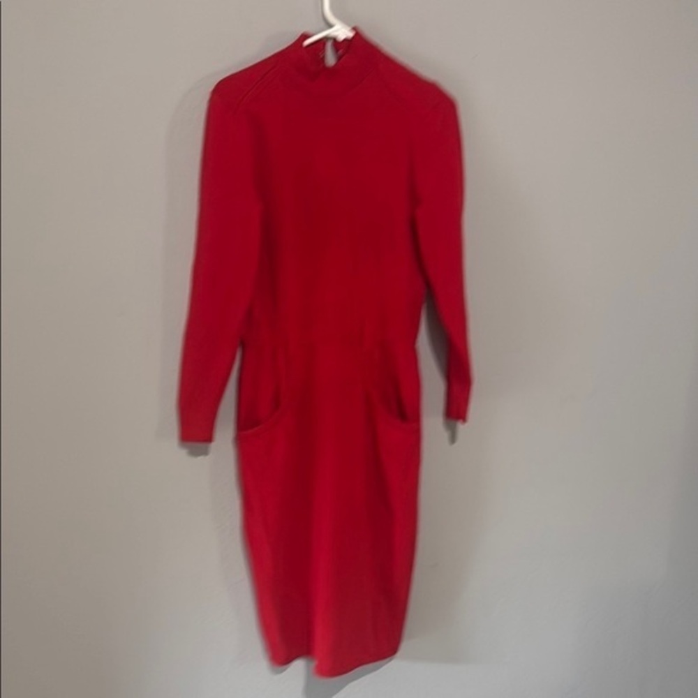 Vintage St. John Red Long Sleeve Sheath Dress Mandarin Collar belt loops pockets